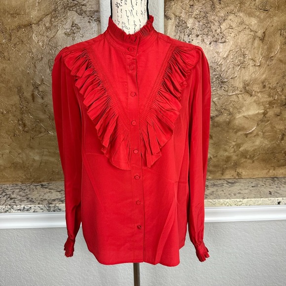 Zadig & Voltaire Silk Blouse Top Womens XS Pleated Ruffle High Neck Tacora Red - Picture 1 of 10